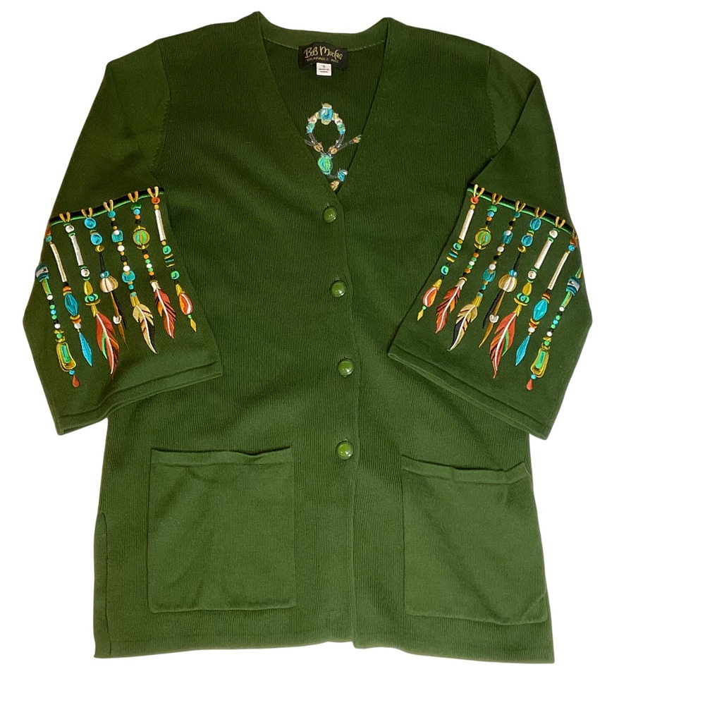 Bob Mackie Wearable Art Green Embroidered Feather Bead Cardigan Sweater Boho S
